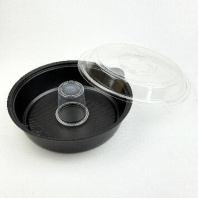 Контейнер одноразовый круглый ПЭТ КД-106 ЧЁРНЫЙ 850мл + КРЫШКА 100шт D=200, H=65 + соусник V=80мл 